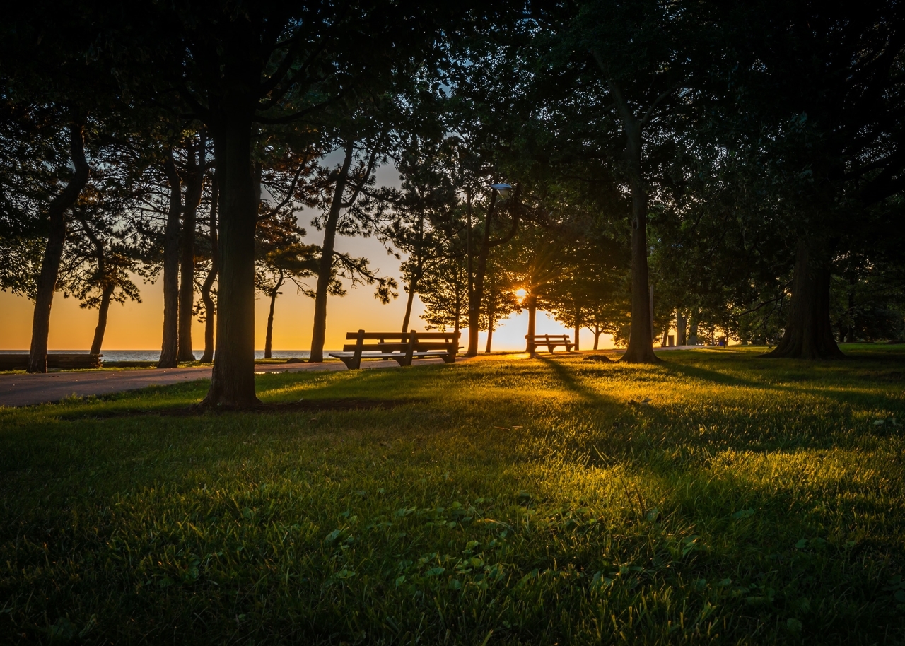 Lake front park with park benches and sunset